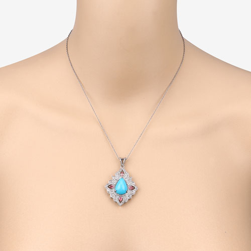 8.60 Carat Genuine Pink Tourmaline, Turquoise and White Diamond .925 Sterling Silver Pendant
