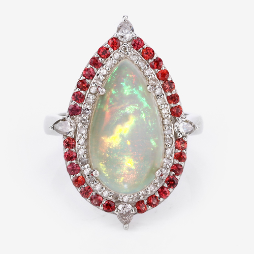Multi-Gemstone Ring, Natural Opal, Orange Sapphire with Diamond Sterling Silver Ring, Statement Ring, October Birthstone Ring for Her