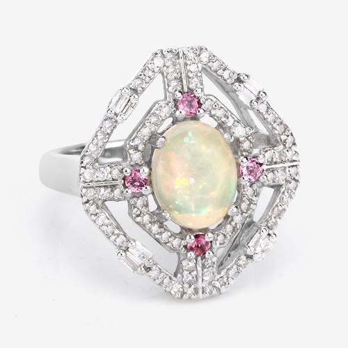 Multi-Gemstone Ring, Natural Opal, Multi-Tourmaline with Diamond Sterling Silver Ring, Statement Ring, October Birthstone Ring for Her