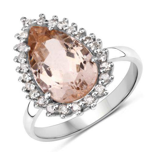 Rings-Morganite Ring, Natural Morganite with Diamond Halo Sterling Silver Ring, Pink-Peach Morganite Ring, Engagement Ring, Statement Ring