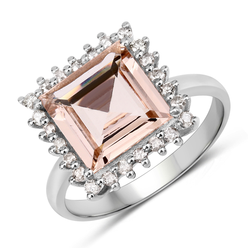 Rings-Morganite Ring, Natural Morganite with Diamond Halo Sterling Silver Ring, Pink-Peach Morganite Ring, Engagement Ring, Statement Ring