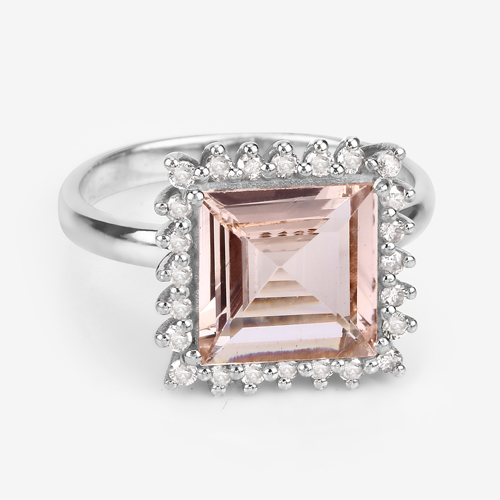Morganite Ring, Natural Morganite with Diamond Halo Sterling Silver Ring, Pink-Peach Morganite Ring, Engagement Ring, Statement Ring