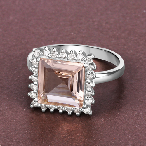 Morganite Ring, Natural Morganite with Diamond Halo Sterling Silver Ring, Pink-Peach Morganite Ring, Engagement Ring, Statement Ring