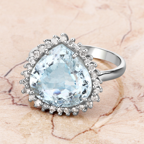 Aquamarine Ring, Natural Aquamarine with Diamond Halo Sterling Silver Ring, March Birthstone Ring, Statement Ring, Engagement Ring