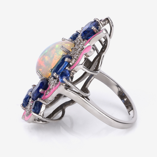 Multi-Color Gemstone Ring, Opal, Kyanite with Diamond Pink Enamel Black Rhodium Plated Sterling Silver Ring, Statement Ring, Gift for Mom