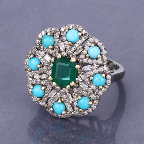 Multi-Color Gemstone Ring, Natural Emerald, Turquoise with Diamond Two-Tone Sterling Silver Ring, Statement Ring, Anniversary Gift