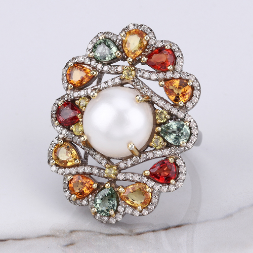 Multi-Color Gemstone Ring, Pearl, Multi-Sapphire with Diamond Two-Tone Sterling Silver Cocktail Ring, Statement Ring, Anniversary Gift