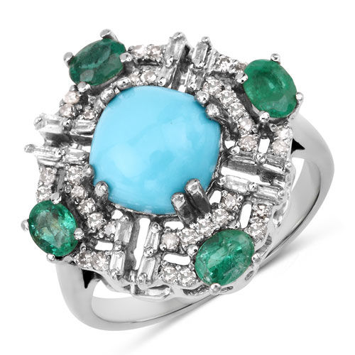 Rings-Multi-Color Gemstone Ring, Turquoise, Natural Emerald, with Diamond Black Rhodium Plated Sterling Silver Ring, Statement Ring, Vintage Ring