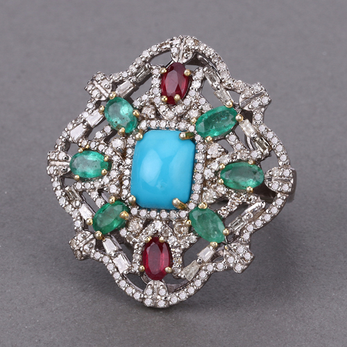 Multi-Color Gemstone Ring, Turquoise, Natural Emerald, Ruby with Diamond Two-Tone Plated Sterling Silver Ring, Statement Ring, Vintage Ring