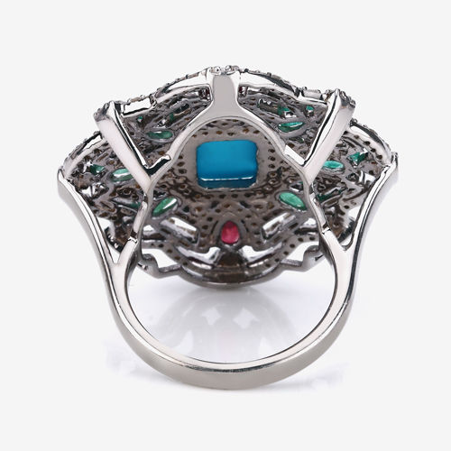 Multi-Color Gemstone Ring, Turquoise, Natural Emerald, Ruby with Diamond Two-Tone Plated Sterling Silver Ring, Statement Ring, Vintage Ring