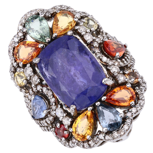 Rings-Multi-Color Gemstone Ring, Natural Tanzanite, Multi-Sapphire Diamond Black Rhodium Plated Sterling Silver Ring, Statement Ring, Bold Ring