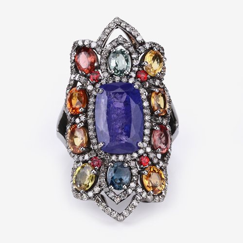 Multi-Color Gemstone Ring, Natural Tanzanite, Multi-Sapphire Diamond Black Rhodium Plated Sterling Silver Ring, Statement Ring, Bold Ring