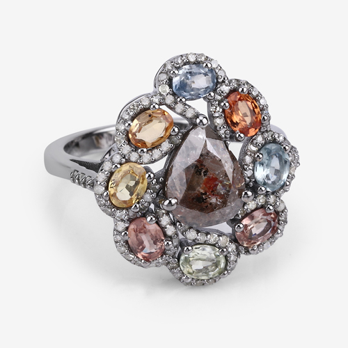 Multi-Gemstone Ring, Champagne Diamond Ring, Black Rhodium Plated Sterling Silver Ring, Statement Ring, Gift for Mom