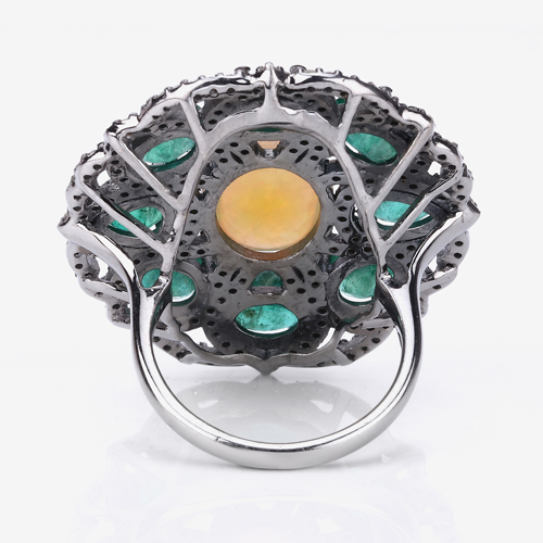 Multi-Color Gemstone Ring, Rainbow Opal, Natural Emerald with Diamond Black Rhodium Plated Sterling Silver Ring, Statement Ring