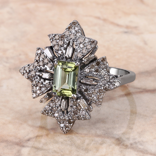Green Tourmaline Ring, Natural Green Tourmaline with Diamond Black Rhodium Plated Sterling Silver Ring, Statement Ring, Vintage Style Ring