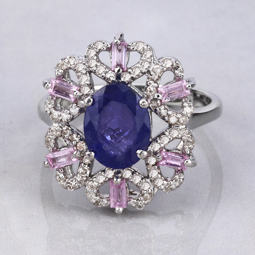 Multi-Color Gemstone Ring, Natural Tanzanite, Pink Sapphire with Diamond Sterling Silver Ring, Statement Ring, Anniversary Gift
