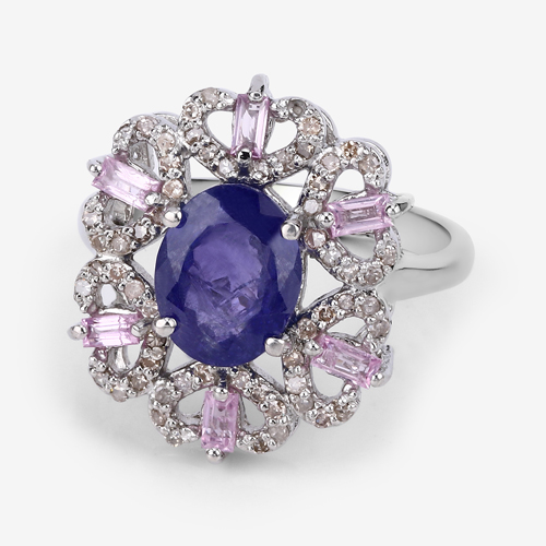 Multi-Color Gemstone Ring, Natural Tanzanite, Pink Sapphire with Diamond Sterling Silver Ring, Statement Ring, Anniversary Gift