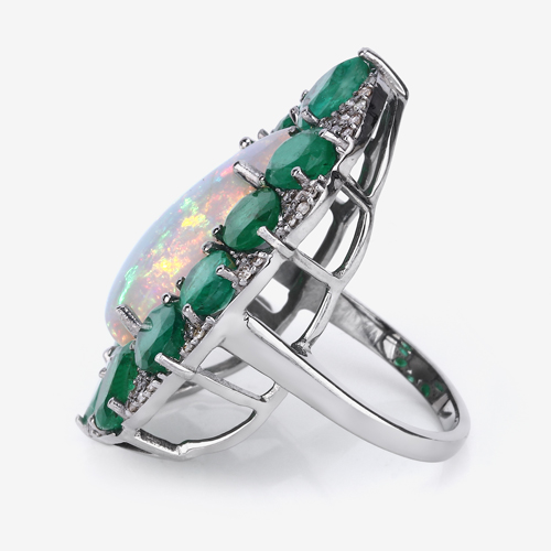 Multi-Gemstone Ring, Natural Rainbow Opal, Emerald with Diamond Black Rhodium Plated Sterling Silver Ring, Statement Ring, Gift for Mom