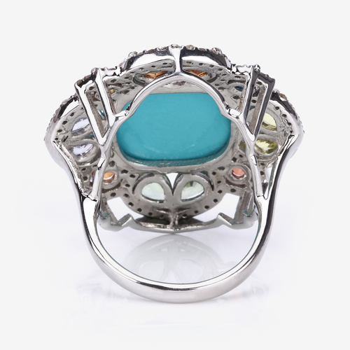 Multi-Color Gemstone Ring, Turquoise, Natural Multi-Sapphire with Diamond Sterling Silver Ring, Statement Ring, Vintage Style Ring