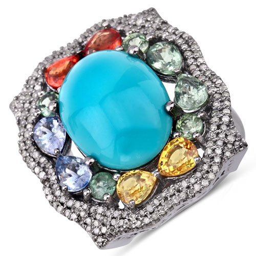 Rings-12.03 Carat Genuine Multi Gemstones .925 Sterling Silver Ring