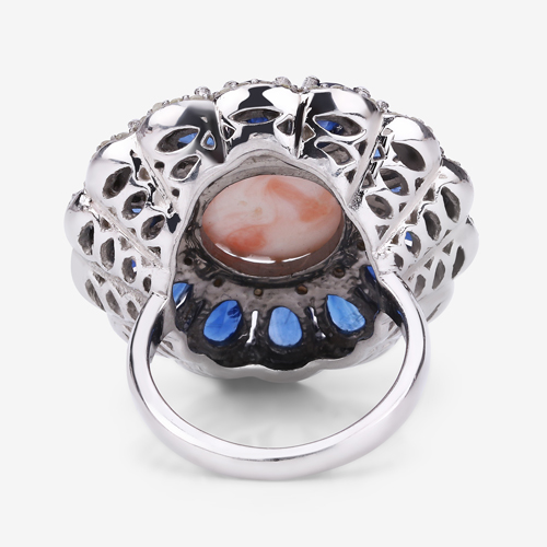 Multi-Color Gemstone Ring, Pink Opal, Natural Kyanite with Diamond Sterling Silver Ring, Statement Ring, Vintage Style Ring