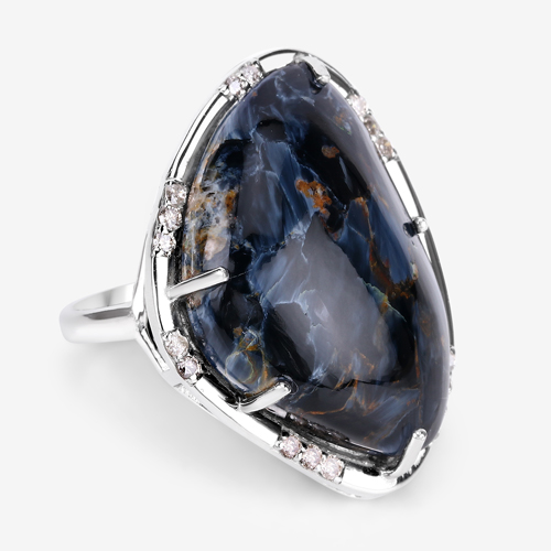 Pietersite Ring, Natural Fancy Shape Pietersite with Diamond Ring in Sterling Silver with Rhodium Plating, Cocktail Ring, Gift for Her