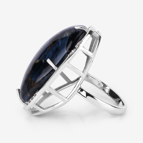 Pietersite Ring, Natural Fancy Shape Pietersite with Diamond Ring in Sterling Silver with Rhodium Plating, Cocktail Ring, Gift for Her