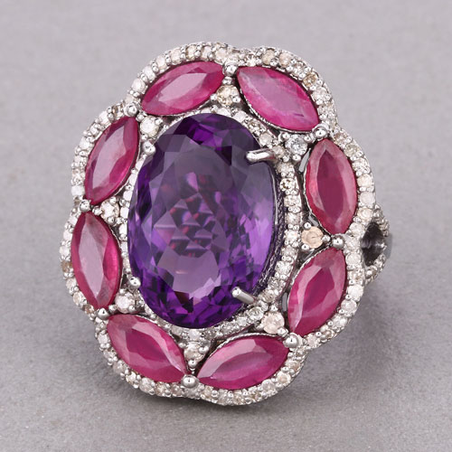 16.80 Carat Genuine Multi Gemstones .925 Sterling Silver Ring