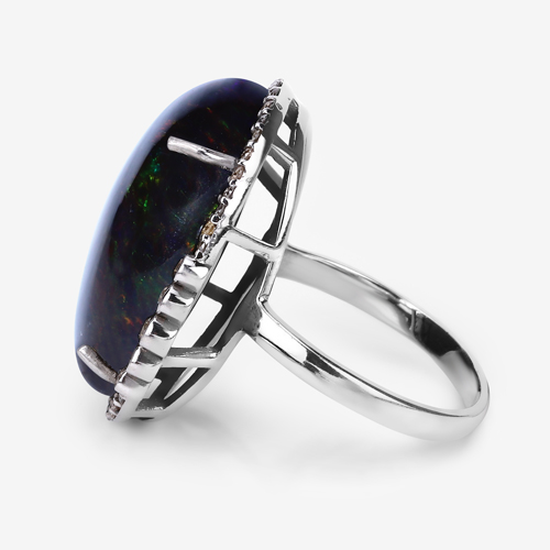 Opal Ring, Natural Opal with Diamond Black Rhodium Plated Sterling Silver Ring for Women, October Birthstone Ring, Anniversary Gift