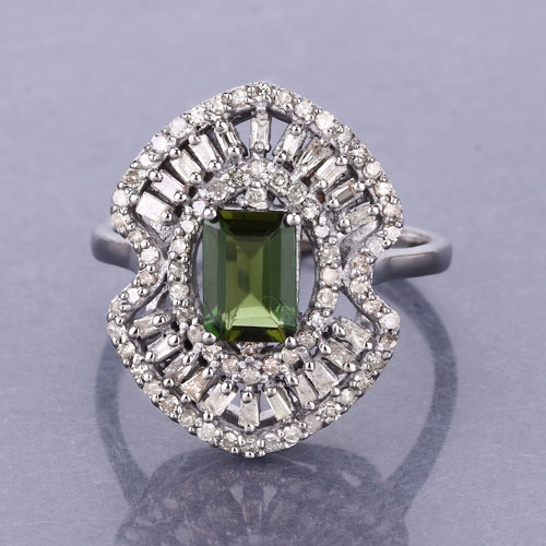 1.90 Carat Genuine Green Tourmaline and White Diamond .925 Sterling Silver Ring