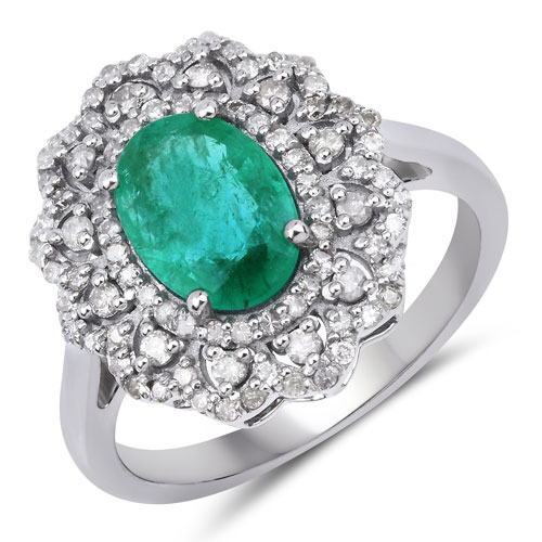 Emerald-2.17 Carat Genuine Emerald and White Diamond .925 Sterling Silver Ring