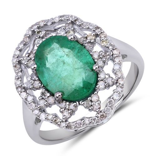 Emerald-2.39 Carat Genuine Emerald and White Diamond .925 Sterling Silver Ring