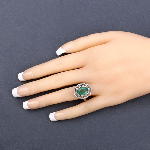 2.39 Carat Genuine Emerald and White Diamond .925 Sterling Silver Ring