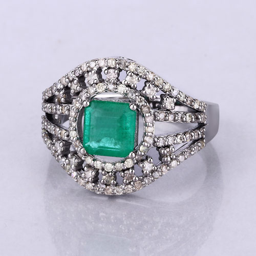 2.17 Carat Genuine Emerald and White Diamond .925 Sterling Silver Ring