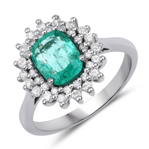 Emerald-1.90 Carat Genuine Emerald and White Diamond .925 Sterling Silver Ring