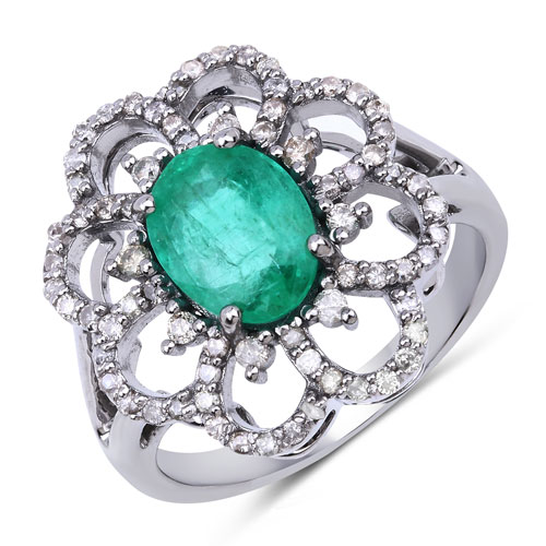 Emerald-3.36 Carat Genuine Emerald and White Diamond .925 Sterling Silver Ring