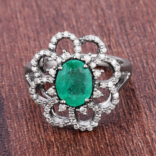 3.36 Carat Genuine Emerald and White Diamond .925 Sterling Silver Ring