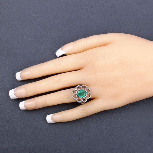 3.36 Carat Genuine Emerald and White Diamond .925 Sterling Silver Ring
