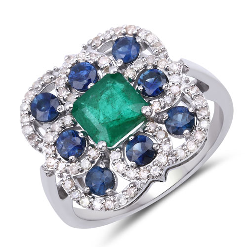 Sapphire-2.60 Carat Genuine Blue Sapphire, Emerald and White Diamond .925 Sterling Silver Ring