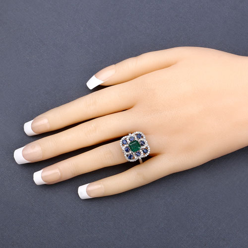 2.60 Carat Genuine Blue Sapphire, Emerald and White Diamond .925 Sterling Silver Ring