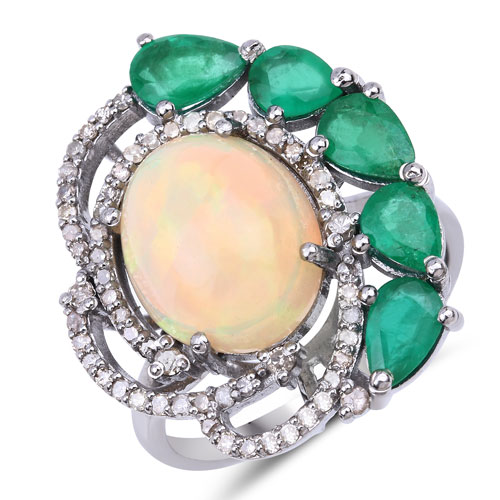 Emerald-6.73 Carat Genuine Emerald, Opal and White Diamond .925 Sterling Silver Ring