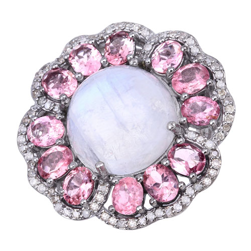 Rings-14.94 Carat Genuine Pink Tourmaline, Rainbow and White Diamond .925 Sterling Silver Ring