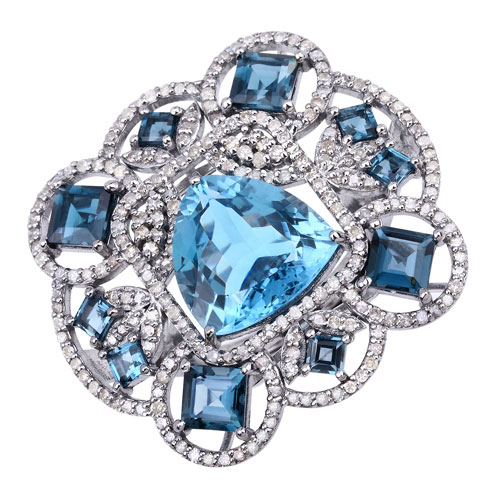 Rings-13.87 Carat Genuine London Blue Topaz, Blue Topaz and White Diamond .925 Sterling Silver Ring