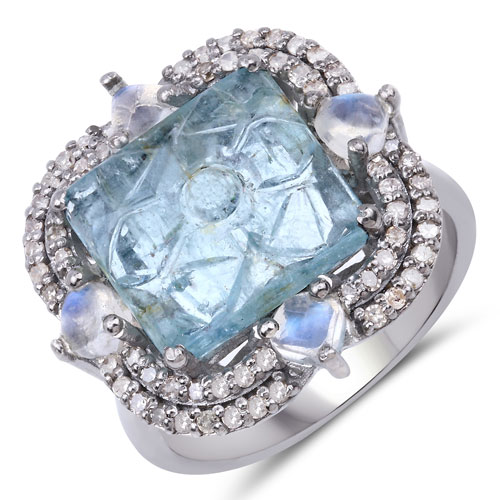 Rings-6.85 Carat Genuine Rainbow, Blue Topaz and White Diamond .925 Sterling Silver Ring