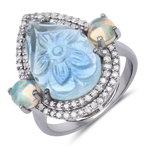 Opal-10.32 Carat Genuine Opal, Blue Topaz and White Diamond .925 Sterling Silver Ring