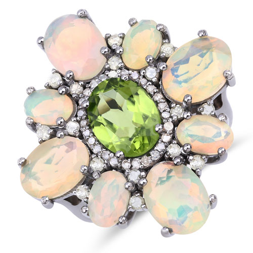Opal-7.13 Carat Genuine Opal, Peridot and White Diamond .925 Sterling Silver Ring