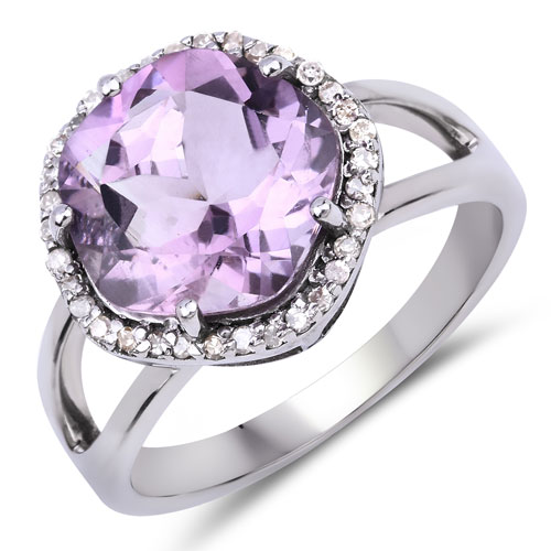 Amethyst-3.61 Carat Genuine Amethyst and White Diamond .925 Sterling Silver Ring