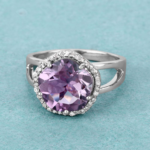 3.61 Carat Genuine Amethyst and White Diamond .925 Sterling Silver Ring