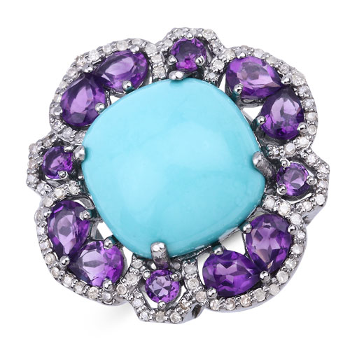 Amethyst-13.36 Carat Genuine Amethyst, Turquoise and White Diamond .925 Sterling Silver Ring