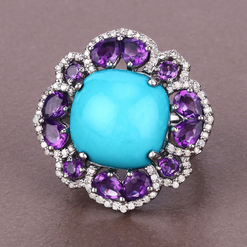 13.36 Carat Genuine Amethyst, Turquoise and White Diamond .925 Sterling Silver Ring
